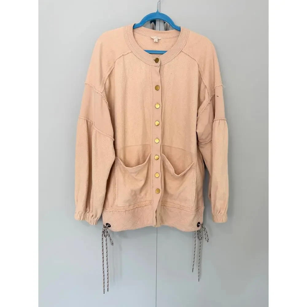 PILCRO x ANTHROPOLOGIE Button-Front Cotton Shacket in Light Sand